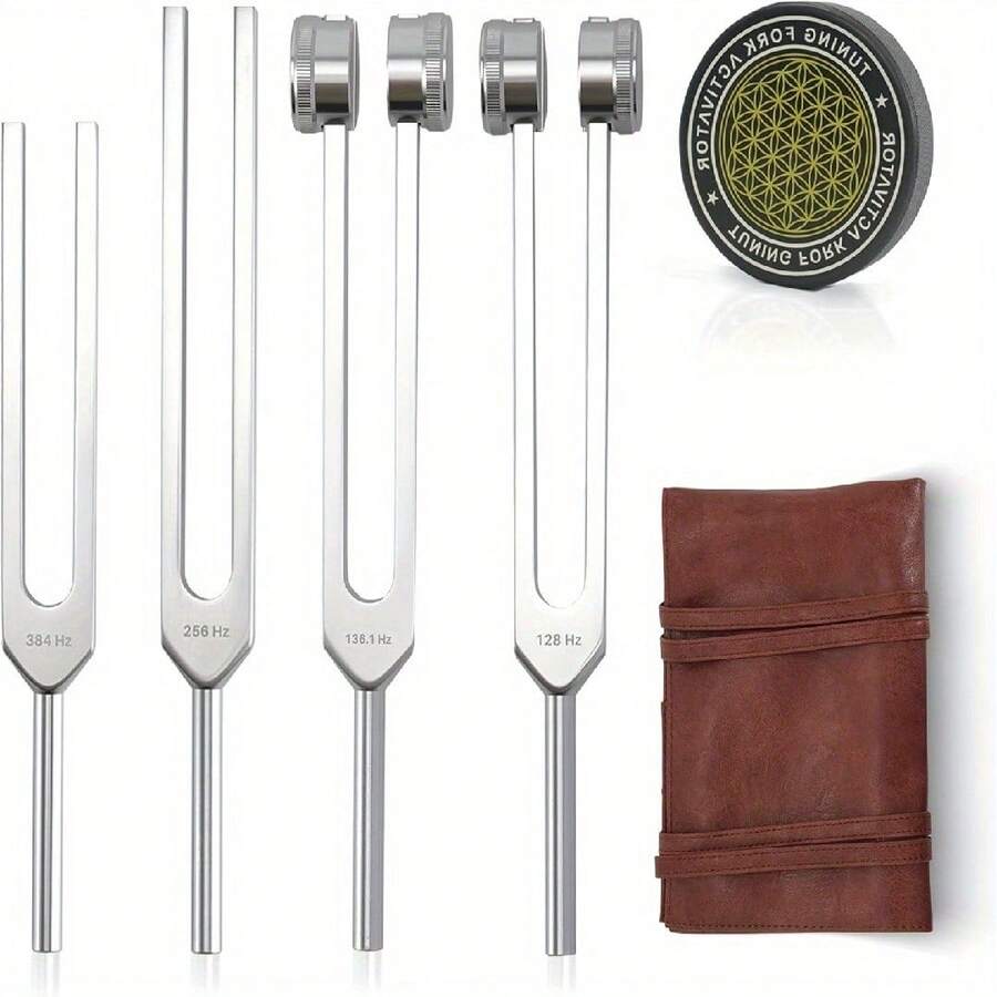 Tuning Forks Set, Includes 128Hz, 136Hz, 256Hz, 384Hz & Activator, Portable In Red Leather Pouch, Grade Sound Instruments For Chakra, Yoga - Silver - View 1