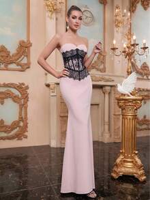 Elegant Simple Contrast Lace Maxi Dress, For Valentine's Day - Pink - View 1