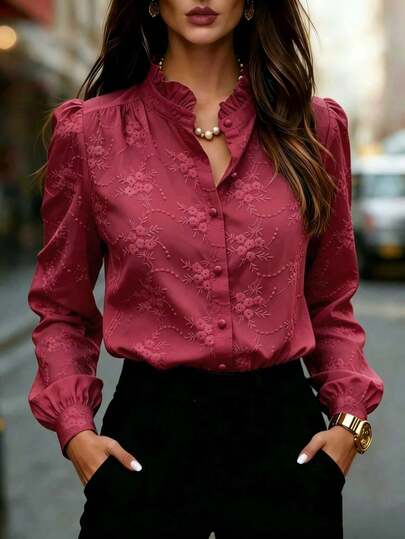 Camisa de manga larga para mujer con cuello bordado con flores, de unicolor, de moda, casual y de negocios, adecuada para la oficina, el trabajo, el hogar y todo el año, primavera/verano/otoño/invierno