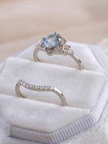 A Delicate, Elegant, Luxurious And Simple Silver Ring Set With Blue Artificial Zirconia, Suitable For Weddings, Daily Dates, Parties, Engagement Rings, And As A Valentine's Day Gift. - Silver - View 4