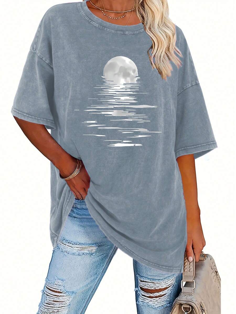 Vintage Washed T-Shirt For Women - 230g Short Sleeve Round Neck, Loose Fit Retro Style With Washed Texture - Casual Spring And Summer Blouse For Women-Skin-Friendly - 藍色 - 查看 1