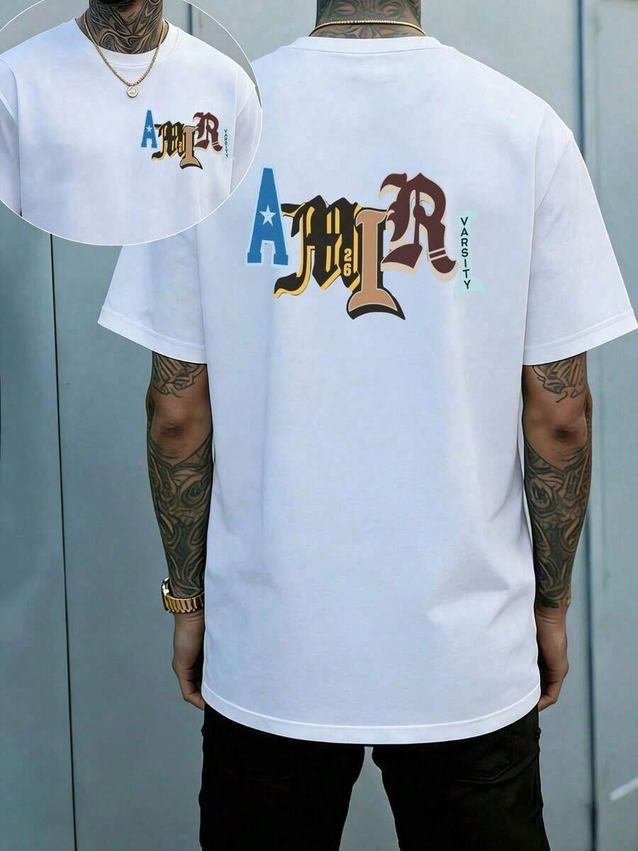 Vintage Amiris Varsity 26 Letter Double Side Print T-Shirt (100% Cotton 220g T-Shirt), Summer Clothing, Men's Tops, Casual And Comfortable, Graphic T-Shirt, Unisex Style. - trắng - Xem 1