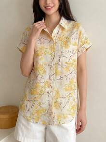 女士全印花纽扣前襟蝙蝠袖衬衫 - 黃色 - 查看 9