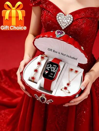 Conjunto de 6/5 piezas de reloj digital con forma de corazón LED, pulsera, collar, anillo y aretes de joyería elegante de moda para mujer, adecuado para regalos de cumpleaños/fiestas de la mujer, perfecto para volver a la escuela, fiestas, viajes y vida diaria, regalo ideal para amigos, graduación, Día de la Madre, Día de San Valentín