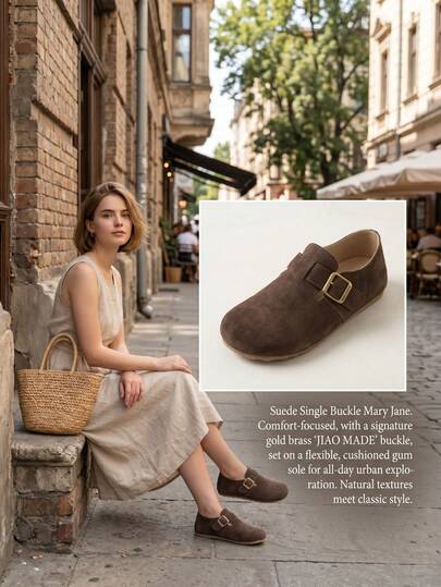 Women's 2026 Versatile Non-Slip Solid Color Round Toe One-Strap Low-Top Retro Forest Style Casual Party School Daily Wear Suede Flat Mary Jane Loafers In Brown