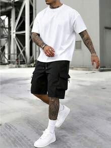1 Set Men Short Sleeve T-Shirt & Cargo Shorts, Casual Versatile Commute Outdoor Street Style, Spring - Black and White - View 1