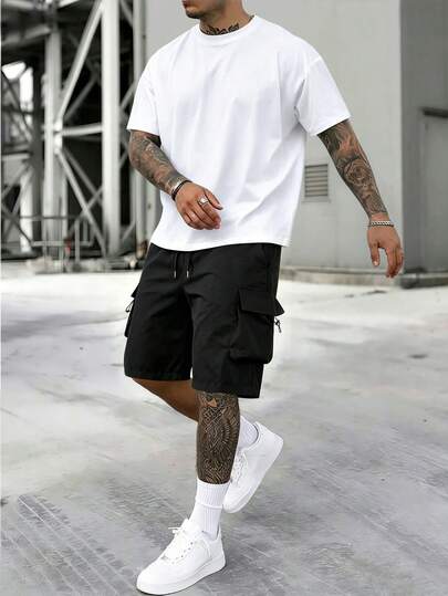 1 Set Men Short Sleeve T-Shirt & Cargo Shorts, Casual Versatile Commute Outdoor Street Style, Spring