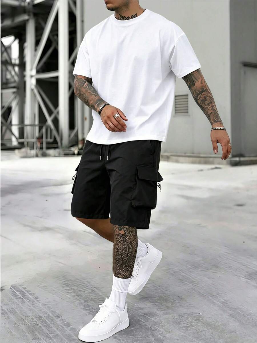 1 Set Men Short Sleeve T-Shirt & Cargo Shorts, Casual Versatile Commute Outdoor Street Style, Spring - Black and White - View 1