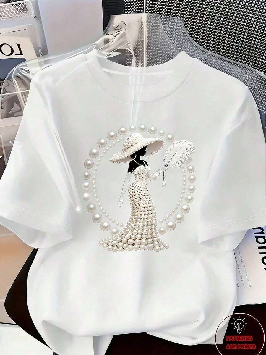 Women's Pink T-Shirt With 3D Floral Print And Pearls, Round Neck, Short Sleeve, Slim Fit, Casual Style For Spring Summer - Unisex Vintage Urban Style, Short Sleeve Cotton T-Shirt With Round Neck - 白色 - 查看 1