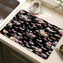 1pc Dark Butterfly Pattern Multipurpose Absorbent Mat, Polyester Waterproof Countertop Protector Pad, Suitable For Kitchen, Dining Table Decor, Dish Drying, Washing Machine, Coffee Maker, Bathroom Vanity, Kitchen Accessories, Party Supplies - Dark Night Butterfly Flower - View 1