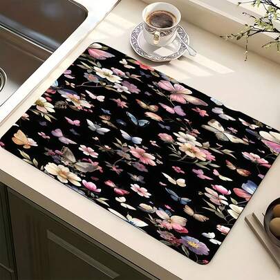 1pc Dark Butterfly Pattern Multipurpose Absorbent Mat, Polyester Waterproof Countertop Protector Pad, Suitable For Kitchen, Dining Table Decor, Dish Drying, Washing Machine, Coffee Maker, Bathroom Vanity, Kitchen Accessories, Party Supplies