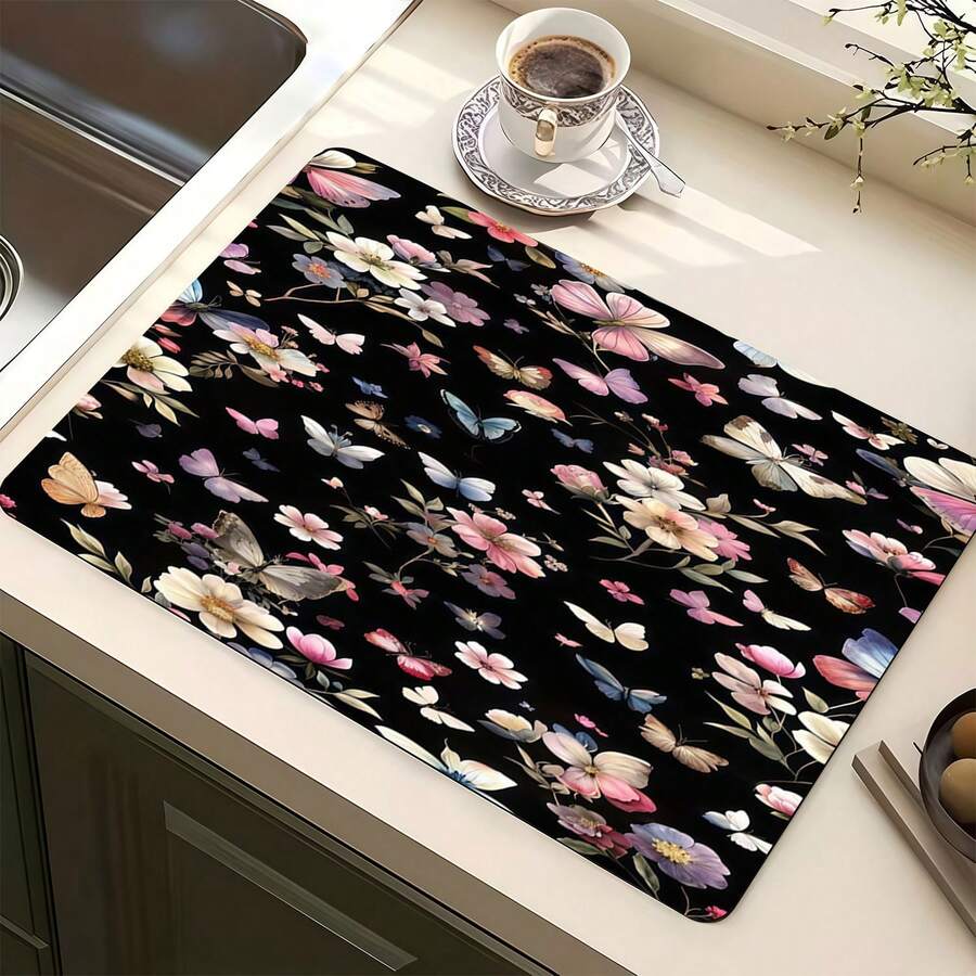 1pc Dark Butterfly Pattern Multipurpose Absorbent Mat, Polyester Waterproof Countertop Protector Pad, Suitable For Kitchen, Dining Table Decor, Dish Drying, Washing Machine, Coffee Maker, Bathroom Vanity, Kitchen Accessories, Party Supplies - Dark Night Butterfly Flower - View 1
