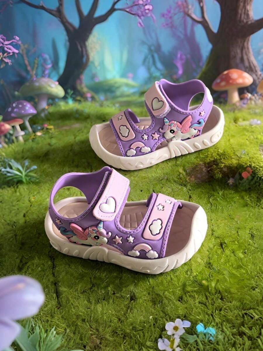 Cute Unicorn Girl Sandals With Soft Soles, Comfortable Low Heel, Versatile, With Magnetic Fastening For Adjustable Tightness, Suitable For Children. - Purple - View 1