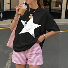 Camiseta negra con estrella blanca para mujer estilo casual verano - Negro - Ver 3
