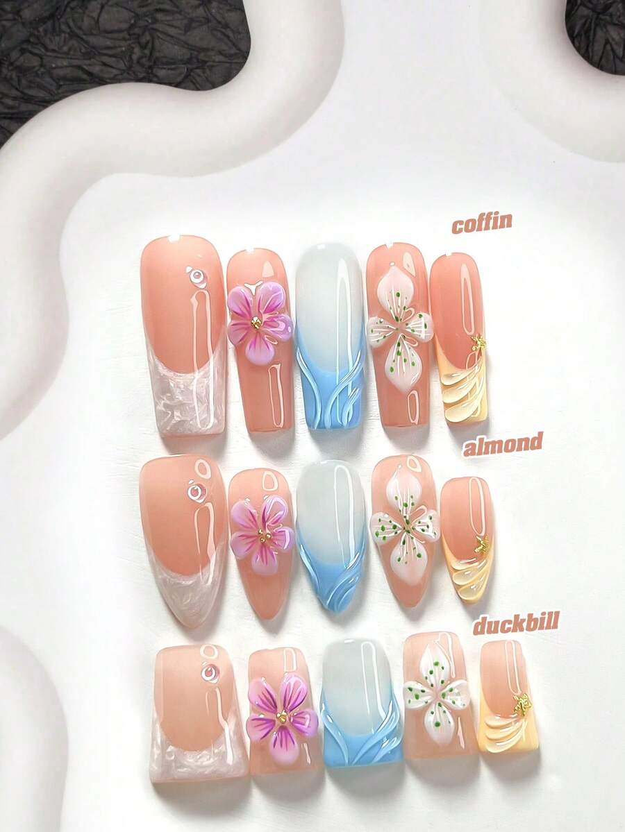 10片裝海灘風手工穿戴甲,Polygel美甲套組,3D浮雕波浪圖案,紫藍黃色系,夏季風格,含美甲工具,3種尺寸可選,杏仁/鴨嘴/棺材形,適合派對、跳舞、日常配戴 - 彩色 - 查看 1