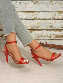 Sandal Hak Tinggi Wanita, Sandal Hak Tinggi Terbuka, Sandal Hak Tinggi Bertali dengan Hiasan Berlian Imitasi, Sepatu Pesta Hak Super Tinggi yang Modis - Merah - View 3