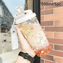 1个/5个500毫升双层塑料杯，印有精致的粉色玫瑰图案（带吸管），柔美花卉冰咖啡杯，适合冷萃咖啡、热饮和日常使用，是送给家人和朋友的理想生日礼物。 - 多色-玫瑰花葉子 - 查看 8
