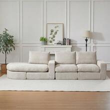 Chenille Sofa With Curved Elements And Chaise Longue, Fully Compressed And Without Frame, Modular Combination Sofa L-Shaped Chaise Longue, Foam Compression Sofa, No Assembly Required - Beige - View 7
