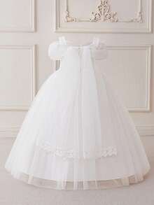Young Girls' Blue Off-Shoulder Spaghetti Strap Tulle Princess Dress, Suitable For Parties - White - View 6