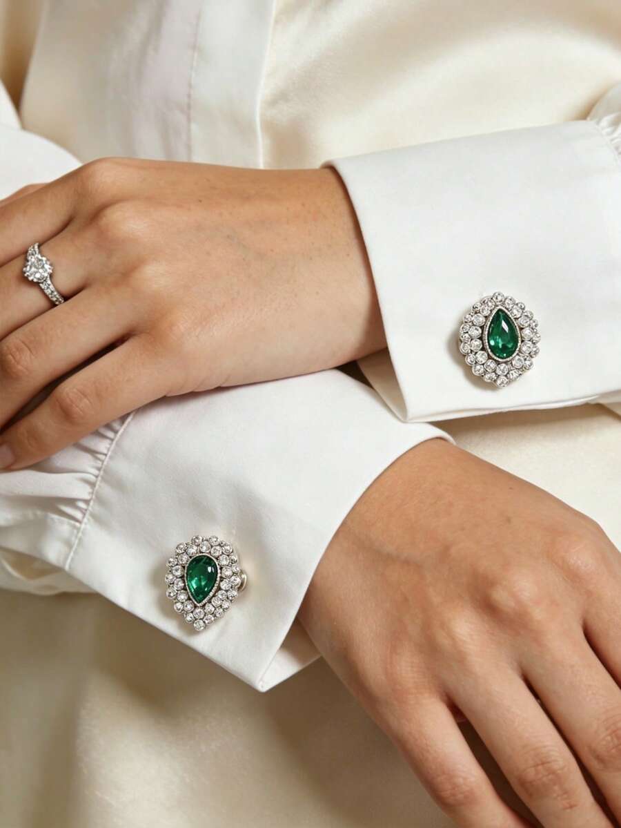2pcs Fashion Minimalist Luxury Green Water Drop Gemstone Cufflinks, Women's Brooch Buckle Cover, Fashion High-End Clothing Accessories, Turtle Buckle, Clip Buckle, Tie Clip, Women's Accessories, Women's Party Light Luxury Elegant Elegant Clothing Cufflinks Cover, Suitable For Daily Use, Gift For Friends, Gift For Couples, Gift For Family - Multicolor - View 1