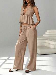 2 piezas Conjunto casual de vacaciones para mujer con top halter sin espalda y pantalones en color caqui tejido - Caqui - Ver 4