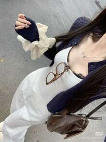 Early Spring New Knitted Pink Thin Jacket, Does Not Include White Vest, A Soft And Cute Knitted Spring Jacket For Women - Navy Blue - View 4