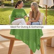 女士超大款绿色针织披肩，无袖套头衫，半透明面料，不规则下摆 - 綠色 - 查看 4