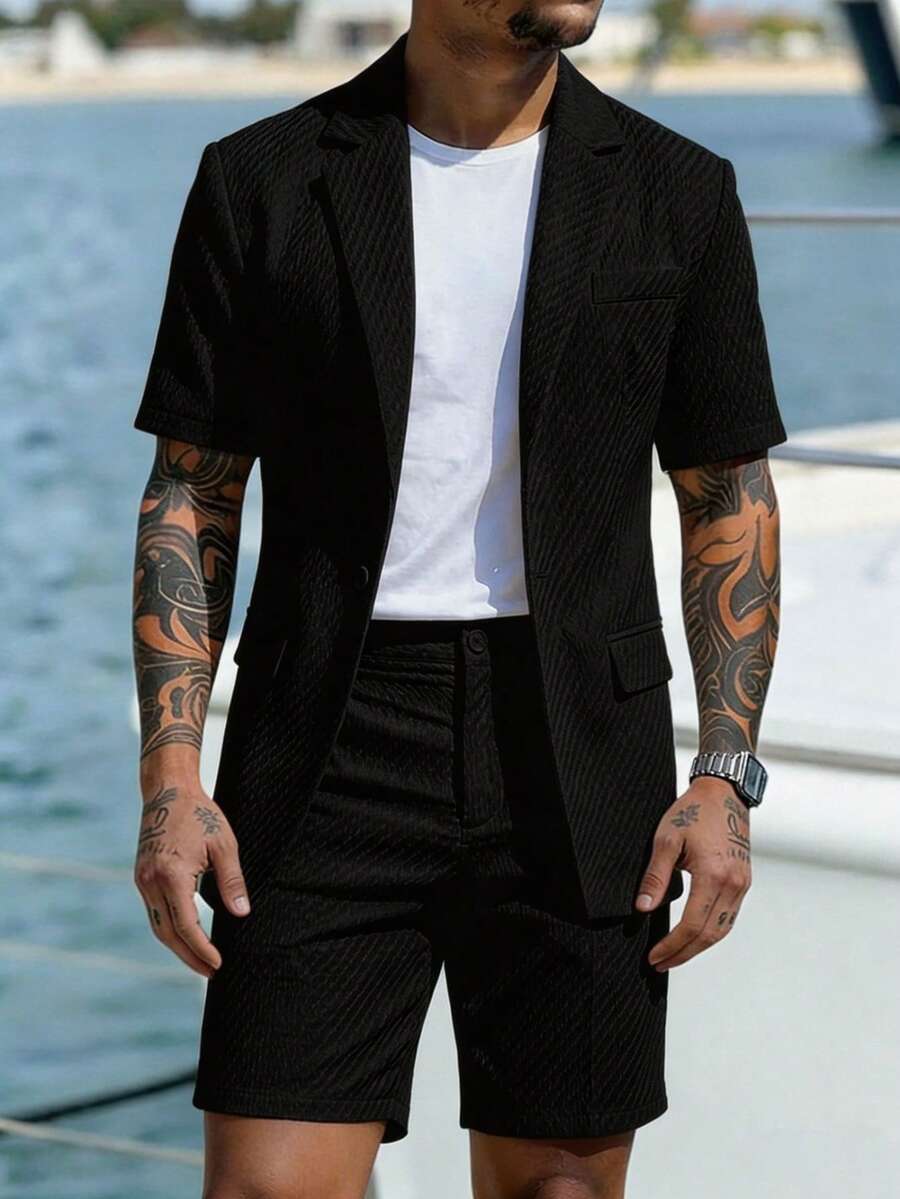 2pcs Men's Short Sleeve Suit Jacket And Shorts Set, Casual And Fashionable Daily Wear, Suitable As Gift For Male Friends - Black - View 1