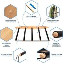 AEstante vertical para tablas de surf de 11 pies estante de madera  para tablas de surf con alfombrilla de goma estante de surf vertical estante para tablas de surf para pared estantes de - Madera y negro - Ver 4