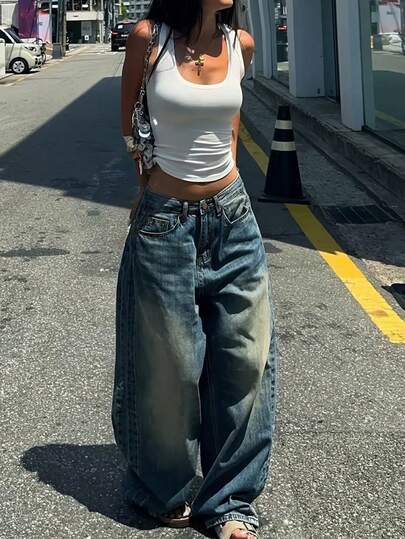 Women's Oversized Baggy Jeans - High Rise Gradient Wash Wide Leg Denim Trousers For Casual Daily Wear,Women's Spring Lightweight High Waist Baggy Wide Leg Jeans - Vintage Gradient Wash Casual Streetwear Pants,Spring Lightweight High Waist Gradient Wash Baggy Wide Leg Jeans - Women's Casual Streetwear Pants
