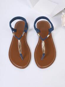 Sandal đế bằng quai chữ T trang trí kim loại dành cho nữ, dép xỏ ngón quai ngang co giãn, giày La Mã thường ngày cho kỳ nghỉ hè đi biển. - Màu xanh lam - Xem 8