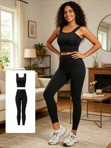 Conjunto básico de yoga New Peach, conjunto de ejercicios de intensidad media, a prueba de golpes y con buen soporte, conjunto de dos piezas para correr en interiores y hacer ejercicio. - Negro - Ver 3