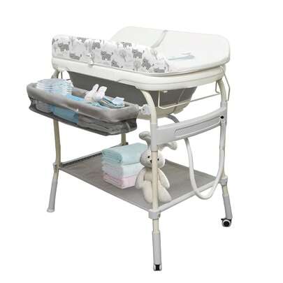 2 In 1 Baby Bathtub With Changing Table, Waterproof Diaper Changing Station Portable Changing Table Adjustable Height Nursery Organizer With Storage Racks For Newborn Infant Toddler