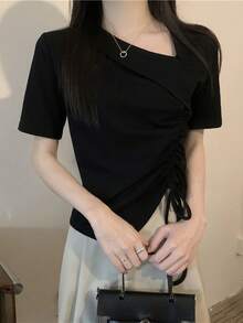 Women's Summer Solid Color Asymmetric Neck Side Drawstring Short Sleeve Casual T-Shirt Black - Black - View 3