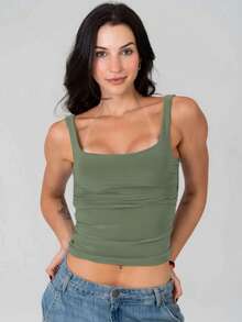Square Neck Tank Top With Double Lining And Side Ruching, Thin Straps, And Spandex Fabric. - Olive Green - View 4