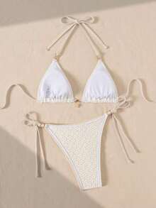 Traje de Verano para Mujer, Bikini Triangular con Tela Calada Decorado con Conchas Azules y Perlas - Beige - Ver 2