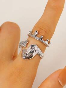 1 Set Vintage Elegant Portrait Rings For Women, Adjustable Open Crown & Flower Face Copper Rings, French Retro Masquerade Mask Face Stacking Crown Rings, Suitable For Daily, Party, Date, Holiday, Music Festival, Beach Vacation, Gift For Friends, Family, Couples, Jewelry Accessories - Silver - View 8