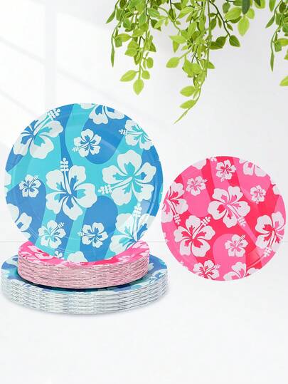 Bộ 10/20/30 đĩa giấy họa tiết hoa dâm bụt Hawaii, đĩa ăn chính 9 inch và đĩa tráng miệng 7 inch, họa tiết sóng biển xanh và hoa nhiệt đới hồng, thích hợp cho các bữa tiệc bãi biển mùa hè, tiệc nướng sinh nhật, tiệc mừng em bé, đám cưới và các dịp lễ kỷ niệm khác.