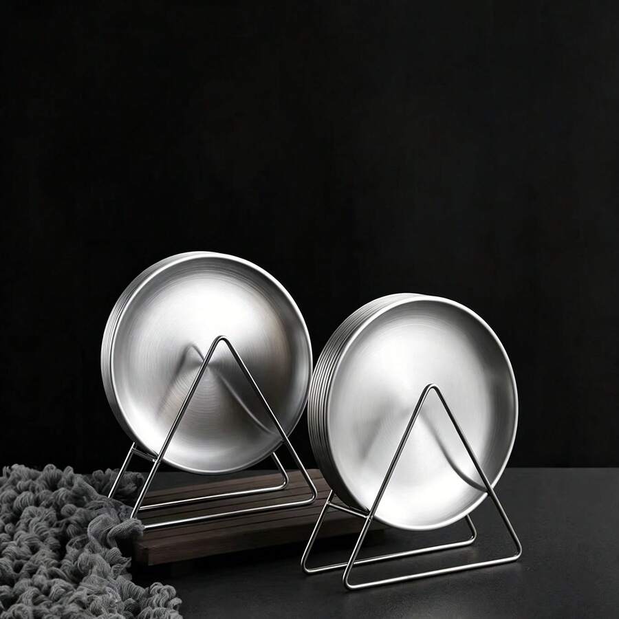 1pc/4pcs/6pcs/8pcs Luxury Stainless Steel Bone Dish Set With Stand - Round Fruit Dessert Tabletop Crumb Tray, Plate, Kitchen Decor, Tray, Kitchen Supplies, Dinnerware Set