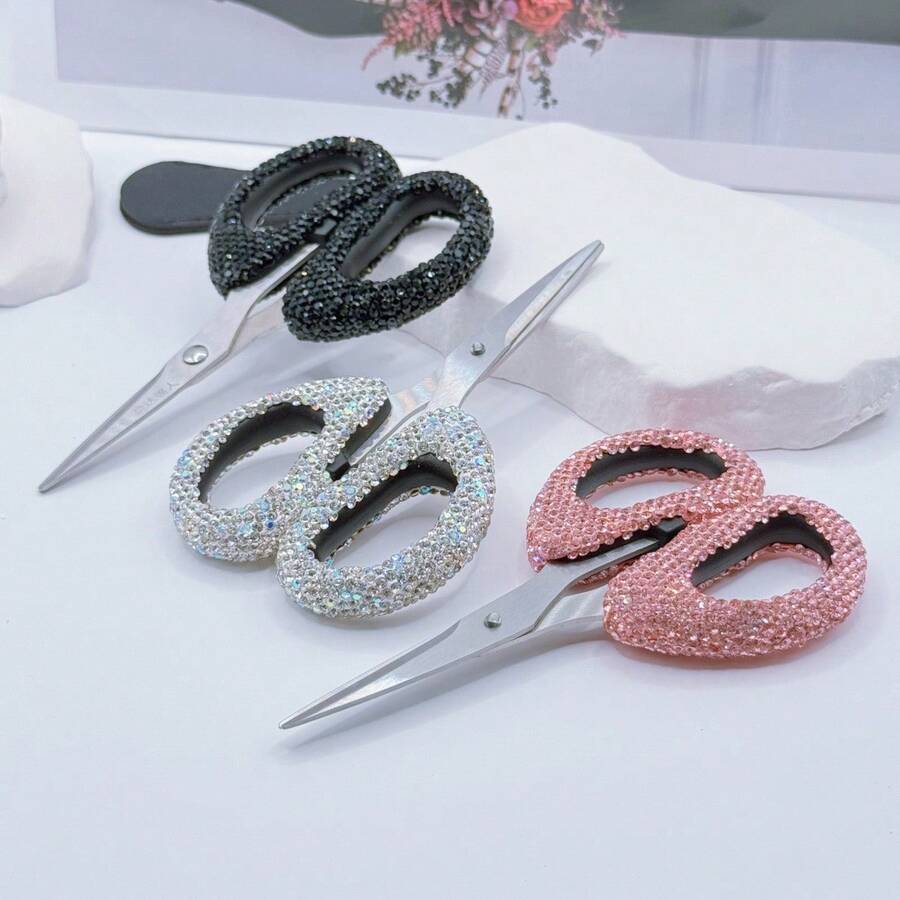 1 pieza Tijeras pequeñas de lujo con strass, tijeras portátiles de acero inoxidable para cortar papel en la oficina, el hogar, abrir paquetes, recortar flequillo, cortar hilos, manualidades, sastrería, ceremonias de apertura, herramientas de costura