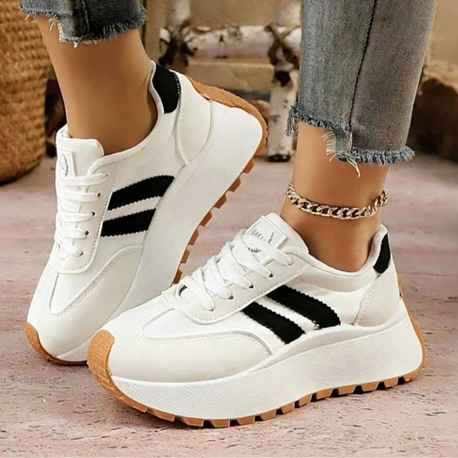 Women's White Casual Sneakers, Low-Top, Lightweight, Non-Slip, Wear-Resistant, Low Heel, Round Toe, Breathable, Lace-Up, Suitable For Outdoor Sports, Spring/Autumn - Màu be - Xem 1