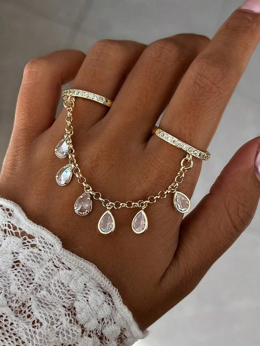 1 pieza Nuevo anillo de dedo con gota de agua conectada, accesorio de mano de fiesta de moda europea y americana con borla - colgante - Ver 1