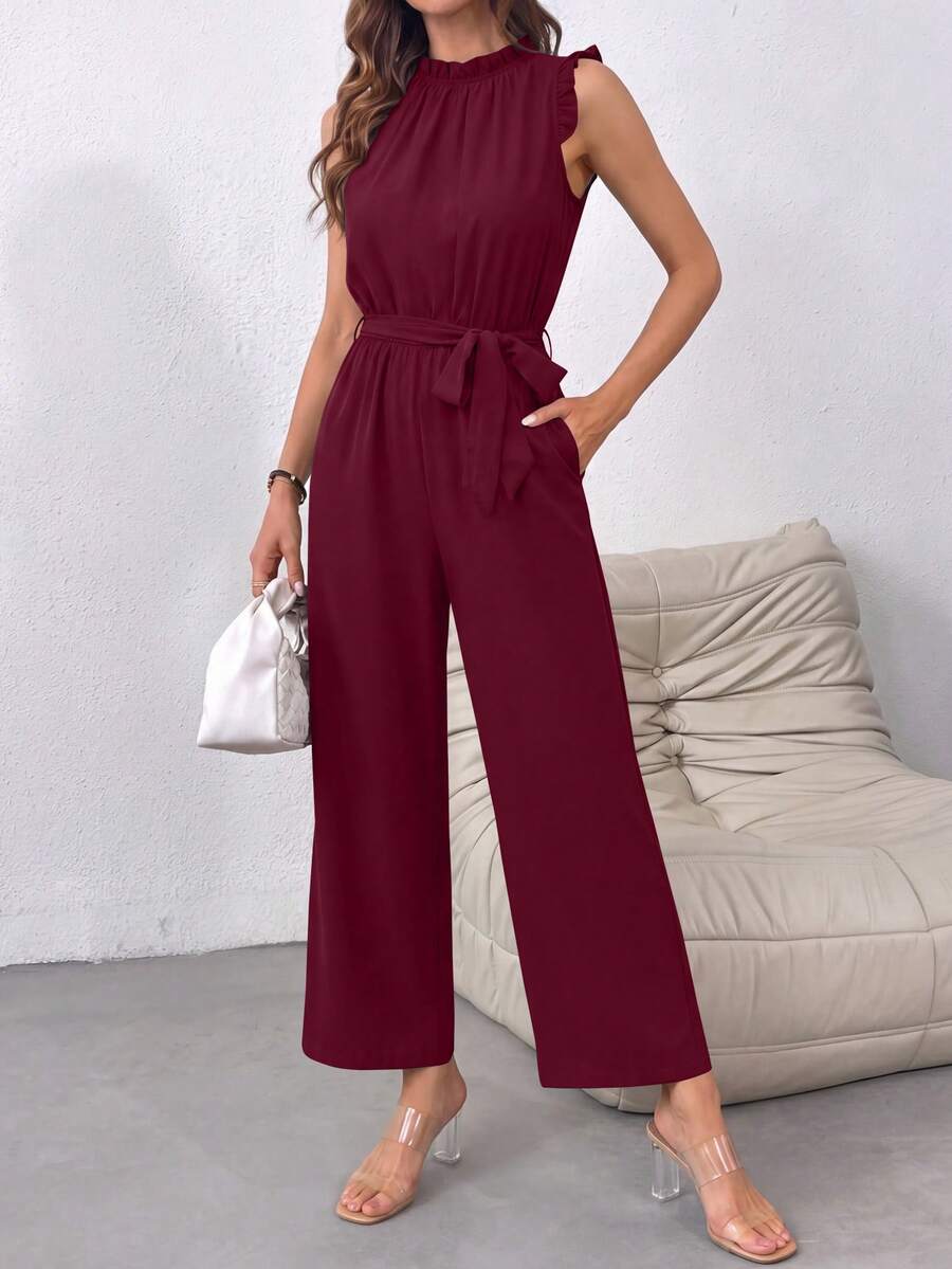 Women's Jumpsuit Summer Sleeveless Pleated Mock Neck Belt Pockets Wide Leg Pants Jumpsuit - Burgundy - View 1