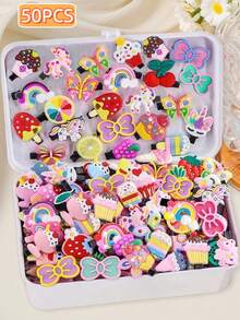 Set de 50 piezas de pasadores para el cabello de niñas con diseños aleatorios de moños, frutas, animales y flores de dibujos animados en estilo princesa, adecuados para uso diario (sin caja, en bolsa) - Multicolor - Ver 6