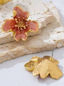 1 Pair European And American Fashion 3D Alloy Vintage Colorful Enamel Orange Flower Stud Earrings - Orange - View 5