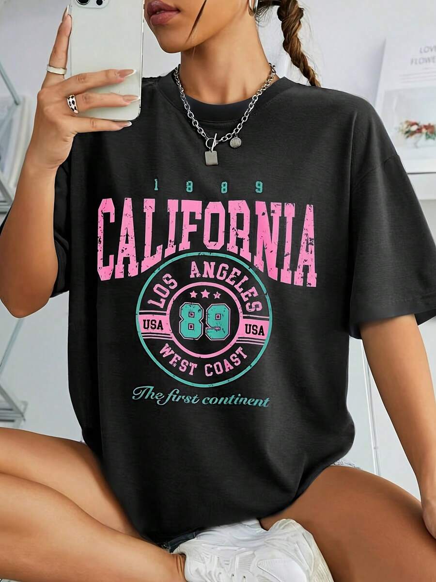 1 Piece Women's Casual T-Shirt, Alphabet Art Print Round Neck T-Shirt, Summer Woven Top, Regular Length - California Los Angeles Pattern-X