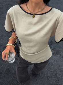 Blusa informal femenina de verano manga corta, cuello barco con borde contrastante, cintura fruncida con cordón lateral ajustable. Tela transpirable caída suave, estilo elegante de oficina, ideal para uso diario y trabajo. - Marrón 2 - Ver 11