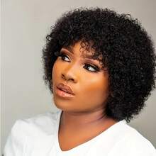 YQL Afro Curly Human Hair Wigs Glueless Wear On And Go Short Kinky Curly Wigs With Bangs Afro Human Hair No Lace Front Wigs Full Machine Made Human Wigs Suitable For Daily Wear, Parties, Cosplay, Carnivals, Festivals - Natural Black - View 3