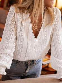Women's White Sheer Crochet Lace Long Sleeve Deep V-Neck Top, Bohemian Style Fitted, Suitable For Spring & Summer - White - View 3
