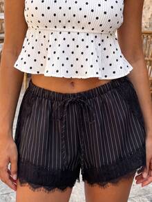 Pantalones cortos de mujer a rayas, de moda veraniega, informales, con dobladillo de encaje, cordón ajustable y bolsillos. - Negro - Ver 5
